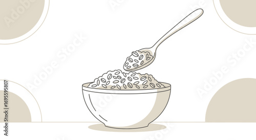 Delicate line art illustration showcasing a bowl of cereal with spoon perfect for breakfast