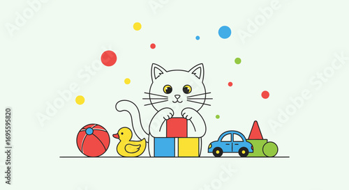 Delightful cartoon illustration of a cat playing with toys enhancing childhood joy