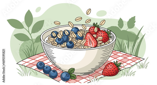 Delicious morning oatmeal bowl with fresh berries and a hint of nature's tranquility