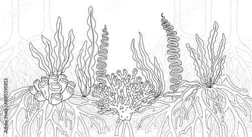 Detailed line art illustration featuring underwater coral reef ecosystem and various marine flora