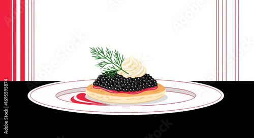 Elegant caviar canapé with cream and dill on a decorative plate artwork vector graphic
