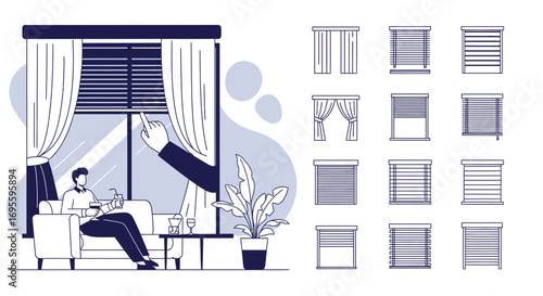 Elegant line art illustration showcasing diverse window blinds and interior scene with a relaxing