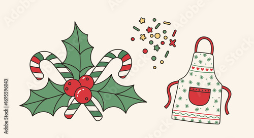 Festive holiday baking theme featuring candy canes holly berries and sprinkles illustration