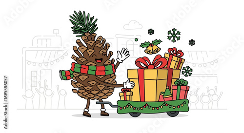 Festive pine cone character pulling a wagon full of gifts during the holiday season