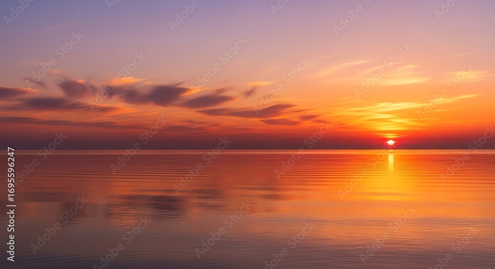Fototapeta premium Fiery Sunset Kissing a Calm Horizon with Rippled Reflections and a Lavender Sky