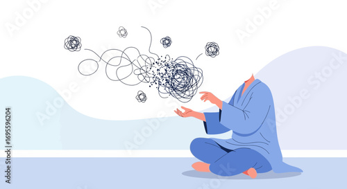Illustration depicting mental health challenges and disorder with person meditating