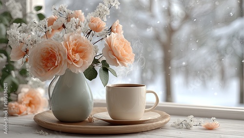 Peach roses, teacup, winter window