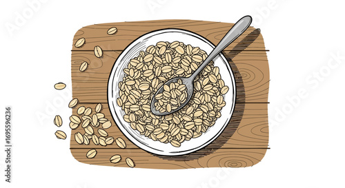 Illustration of a bowl of oatmeal with a spoon on a wooden surface in vector format