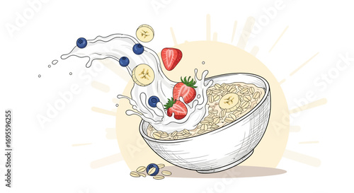 Illustration of a healthy breakfast bowl with oats, milk splash, fruits and a bright background