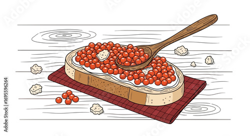 Illustration of a gourmet open sandwich with red caviar and butter on wooden table
