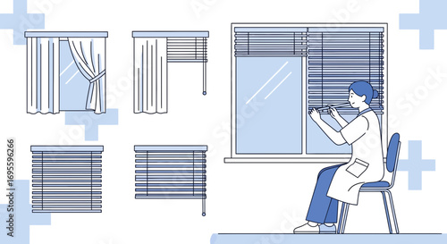 Illustration of a doctor adjusting blinds with various window covering options displayed elegantly
