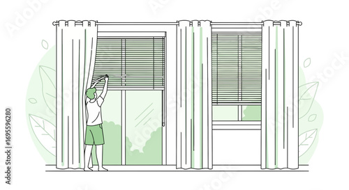 Illustration of a person adjusting window blinds and curtains, letting light in the room