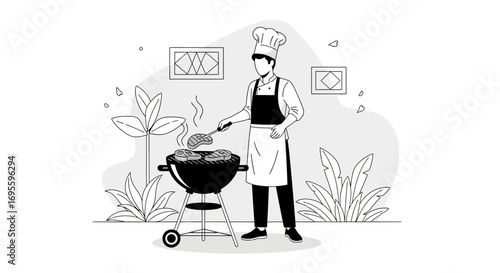 Illustration of a chef grilling meat on a barbecue in an outdoor setting illustration