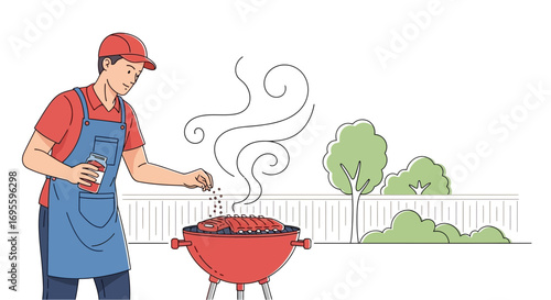 Illustration of a man grilling ribs on a barbecue in a backyard setting on a sunny day