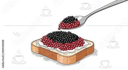 Illustration of black and red caviar being served on a slice of bread with a spoon and coffee