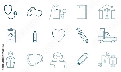 Modern Medical Line Icon Set Minimalist Healthcare Tools, Hospital Equipment, and Professionals Vector