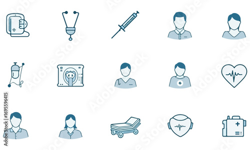 Modern Medical Line Icon Set Minimalist Healthcare Tools, Hospital Equipment, and Professionals Vector