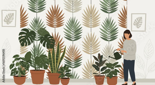 Illustration of woman watering plants in pots against a botanical wallpaper design providing a