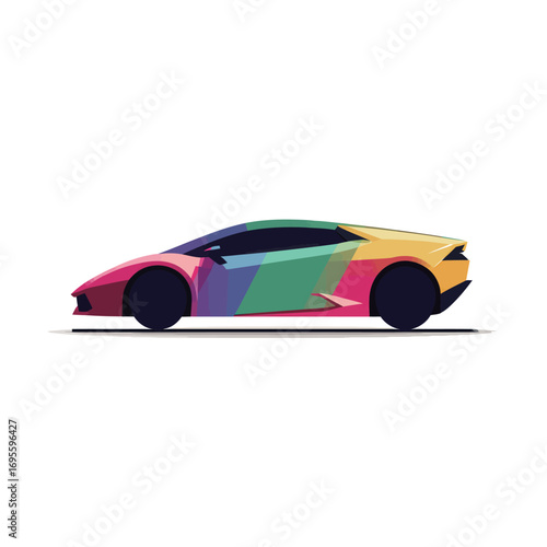 A vibrant sports car with a dynamic mix of colors is displayed in side profile, emphasizing its modern shape and aerodynamic features against a plain background.