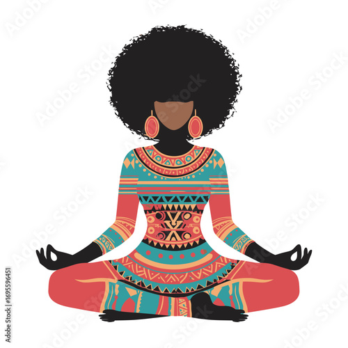In a tranquil environment, a woman with a vibrant afro hairstyle sits cross-legged in a yoga pose, wearing colorful ethnic clothing. Her expression reflects calmness and peace.