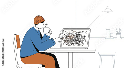 Illustrative depiction of a person overwhelmed by complexities on a laptop screen at home