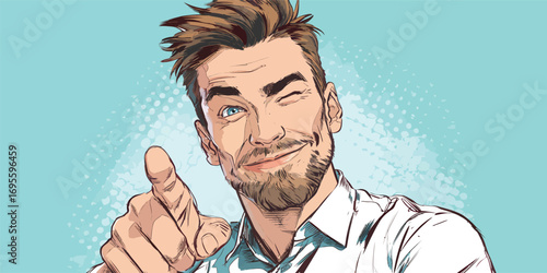 A young man with a light beard and stylish hair is playfully winking and pointing, exuding confidence and charm. His cheerful demeanor creates an inviting atmosphere.