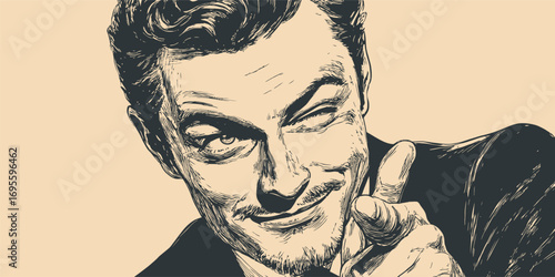 A man with a charming smile and slicked-back hair gives a playful wink and points towards the viewer. The background is simple, enhancing his engaging expression.