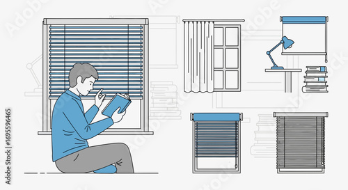 Illustration showcasing a man reading by a window with various window covering styles