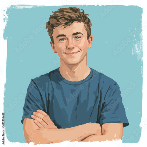 A young boy stands with his arms crossed, wearing a blue shirt and smiling warmly. The background is a light blue, enhancing his cheerful expression and approachable demeanor.
