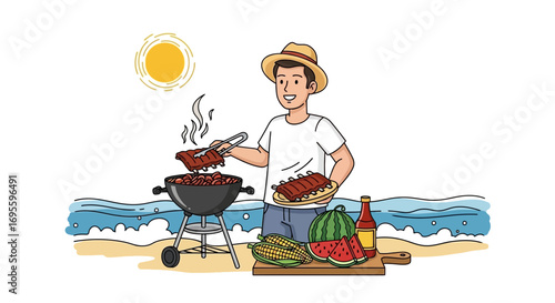 Illustrative summer barbecue scene with ribs grilling and beachside setting depicting enjoyment
