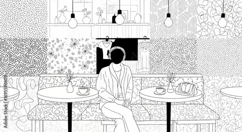 Monochromatic cafe scene with a seated woman and varied patterns creating a surreal ambiance