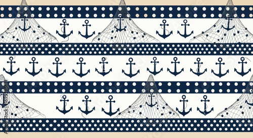 Nautical themed repeating pattern with anchors and fishing nets for backgrounds and designs