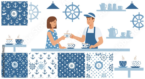 Nautical themed coffee shop scene with barista serving customer vector illustration