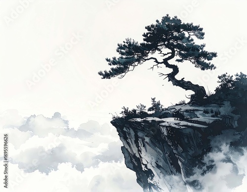 Traditional sumi-e ink painting of lone pine trees on mountain cliffs above clouds, minimalist Asian watercolor landscape