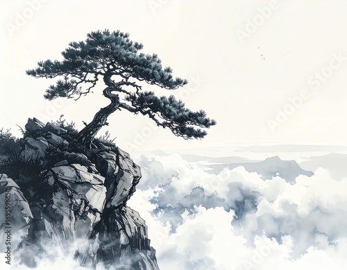 Traditional sumi-e ink painting of lone pine trees on mountain cliffs above clouds, minimalist Asian watercolor landscape