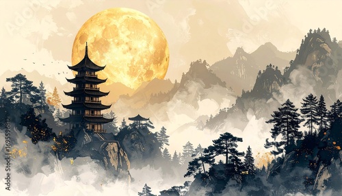 Traditional Chinese pagoda with golden full moon above misty mountains, mystical Asian watercolor landscape