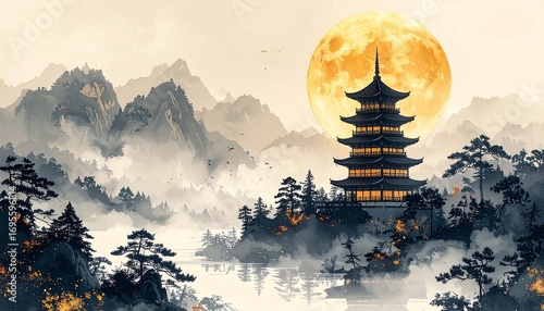 Traditional Chinese pagoda with golden full moon above misty mountains, mystical Asian watercolor landscape