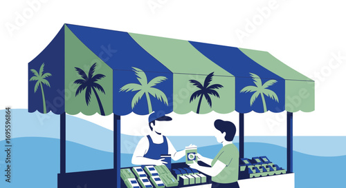 Tropical beach vendor serving a customer at a market stall with palm tree decoration beach vibes