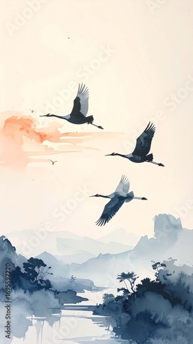 Watercolor painting of flying cranes at sunrise with red sun and pastel clouds, traditional Asian style minimal landscape
