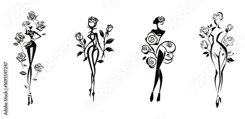 Four artistic silhouettes of women are depicted among roses in a striking, elegant display. Each figure exudes confidence and style with graceful lines.