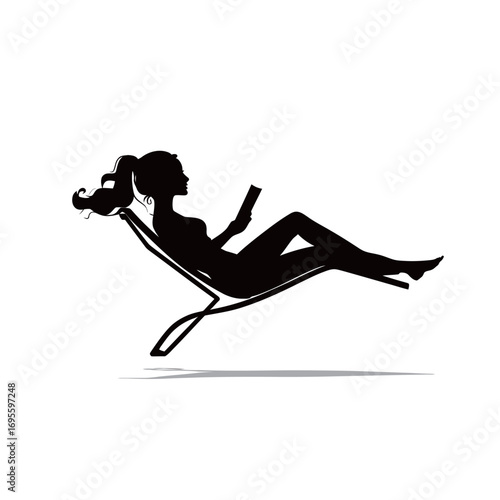 A woman in silhouette lounges comfortably in a chair while engrossed in reading a book. The setting suggests a peaceful and leisurely atmosphere.