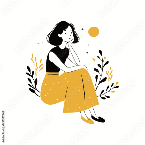 A woman with short hair sits gracefully in a yellow skirt, surrounded by illustrated plants under a bright sun, evoking a serene and reflective mood during a sunny afternoon.