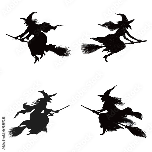 Four silhouettes depict witches soaring through the air on broomsticks against a night backdrop, showcasing their mystical essence and movement.