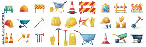 A vibrant collection of construction tools and safety gear is displayed, including hard hats, cones, wheelbarrows, and gloves, showcasing essential items for workers.