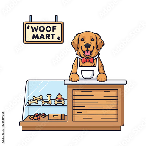 A golden retriever dog wearing an apron and bow tie, working behind a counter at a pet store called "Woof Mart".