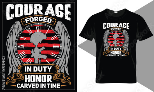 Veterans Day T-Shirt Design, Courage Forged in Duty, Honor Carved in Time, Clock With Roman Numerals, Soldier Helmet Resting On Rifle Vector T-shirt Template.