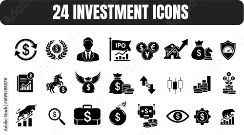A comprehensive collection of 24 financial investment icons illustrating money, market trends, and economic growth for business and wealth management