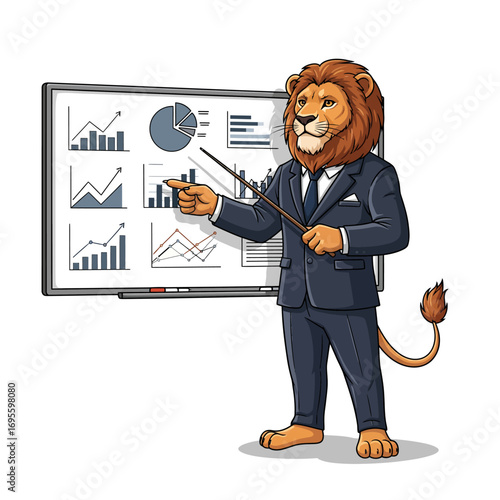 A confident anthropomorphic lion in a business suit presents financial data and charts on a whiteboard, symbolizing leadership and business acumen.