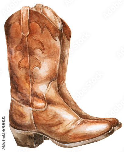 Watercolor brown leather cowboy boots