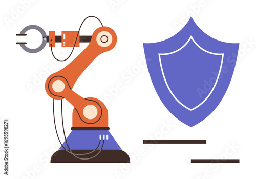 Robotic arm and shield symbolizing automation, safety, and reliability. Ideal for technology, innovation, industry, robotics, cybersecurity engineering digital systems. Clean and simple flat